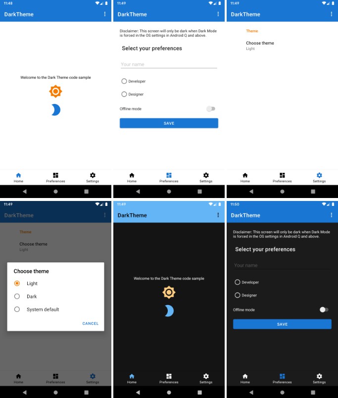 android dark mode theme studio Dark Sample ways support to Mode Android different on demonstrating the