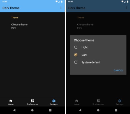 Sample demonstrating the different ways to support Dark Mode on Android