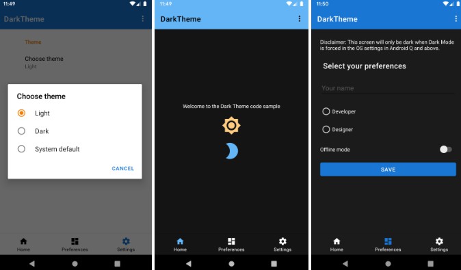 Sample demonstrating the different ways to support Dark Mode on Android