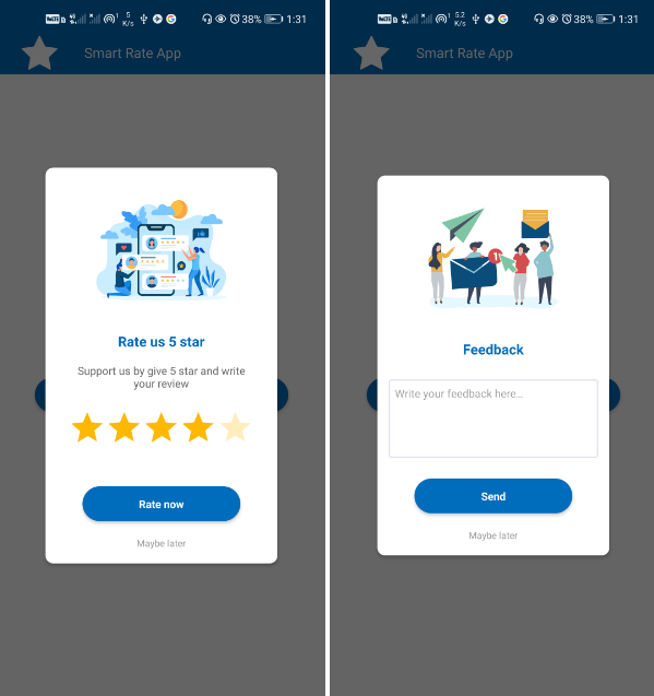 Smart app rate dialog for Android which takes user rating into