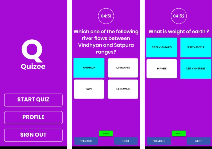 Quizee - A simple quiz app fetching mcq from retrofit